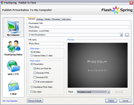 FlashSpring Publish Window