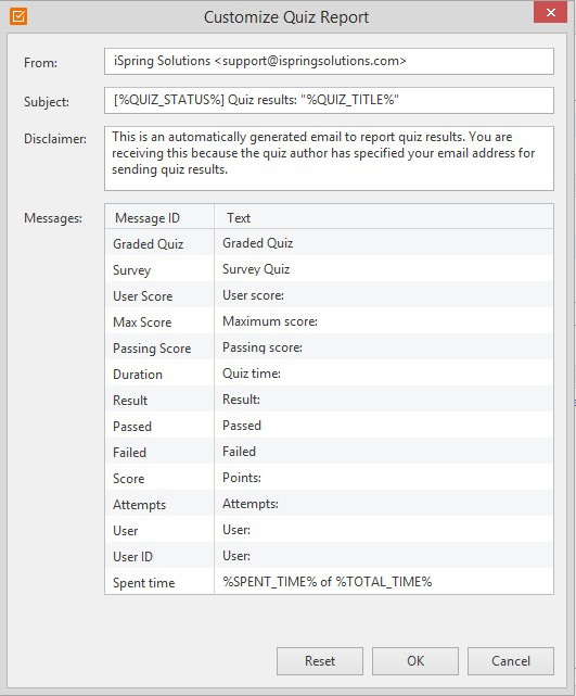 The Customize Quiz Report window in iSpring QuizMaker