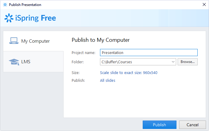 Publishing a course from iSpring Free to a computer