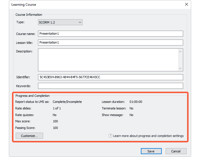 iSpring Free learning course settings