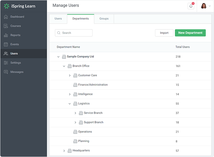 Departments in iSpring Learn