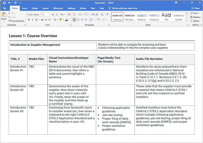 Word eLearning storyboard example