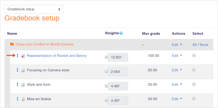 Gradebook categories setup in Moodle