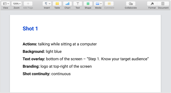 En example of a shot list for a how-to video