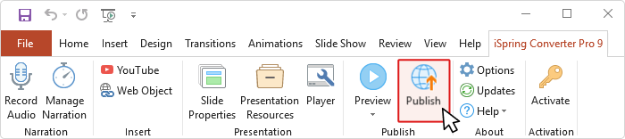 Publish button in iSpring Converter Pro 9