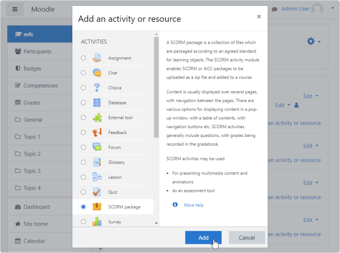 Adding SCORM package to Moodle LMS