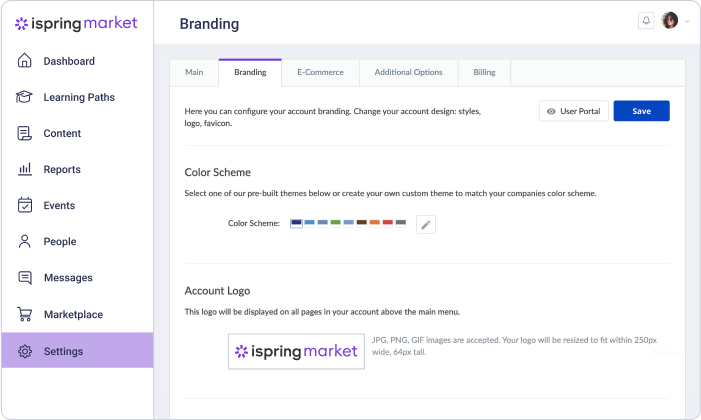 Setting up branding in iSpring Market