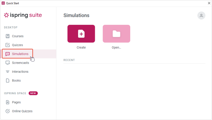 Simulations tab in iSpring Suite Max