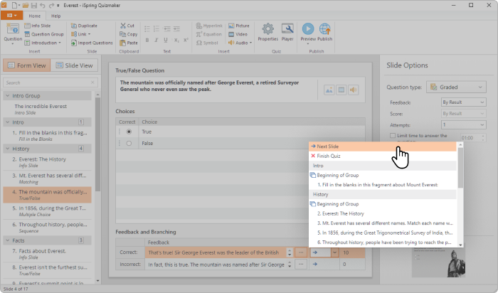 Setting up branching in a quiz in iSpring Suite Max