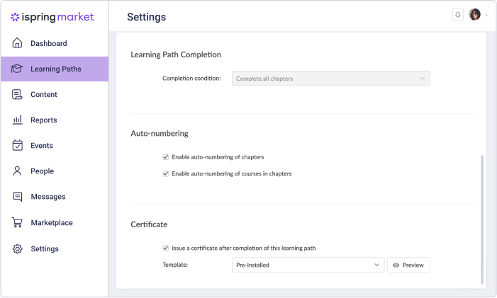 Learning paths settings in iSpring Market