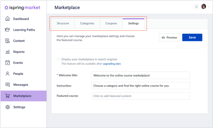 iSpring Market settings