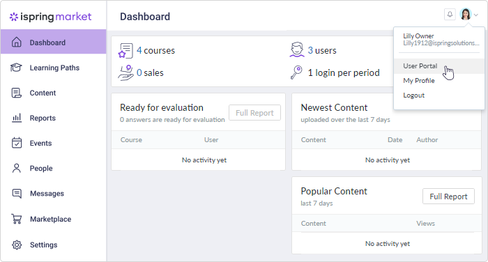 Switching to a user portal in iSpring Market