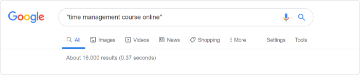 Using quotes for “time management course online” search query 