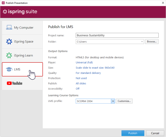 Publish Presentation window in iSpring Suite 