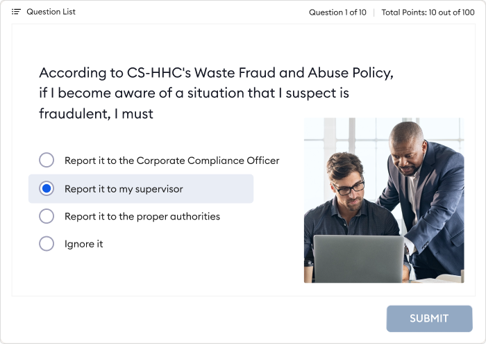 A slide from a compliance training quiz created with iSpring Suite