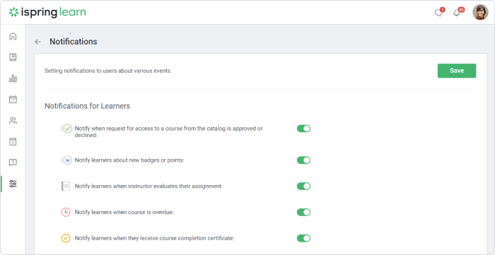 Automated notifications in iSpring Learn