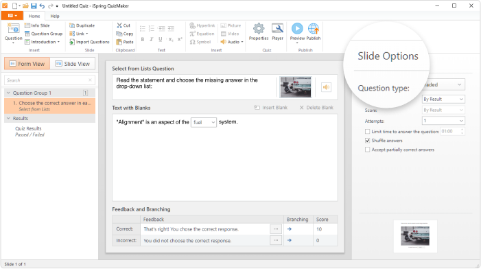 Setting up the slide design in iSpring QuizMaker