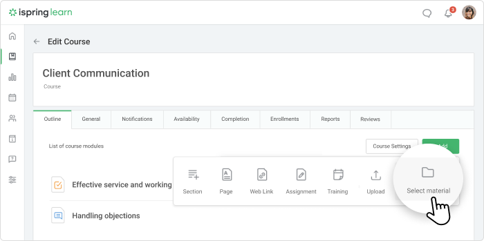 Filling a course with materials in iSpring Learn