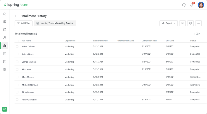 Enrollment History in iSpring Learn