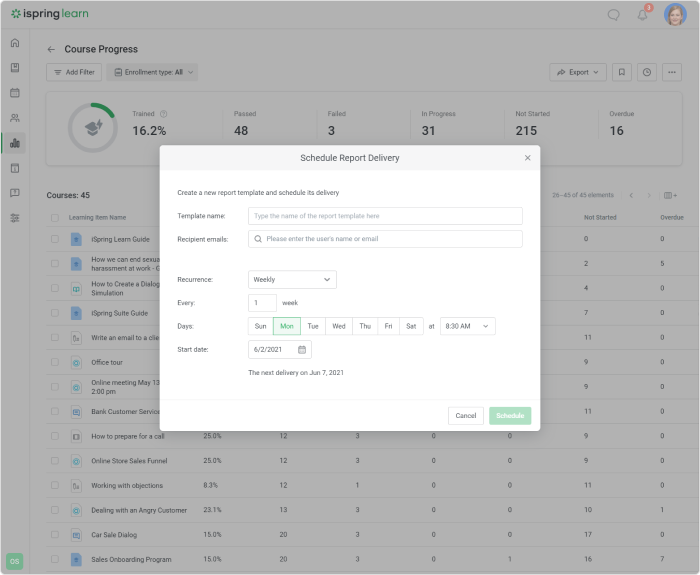 Schedule reports in iSpring Learn