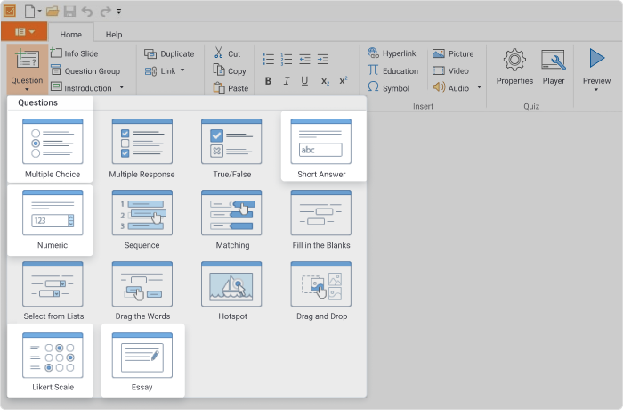 Questions in
 the iSpring Suite authoring toolkit