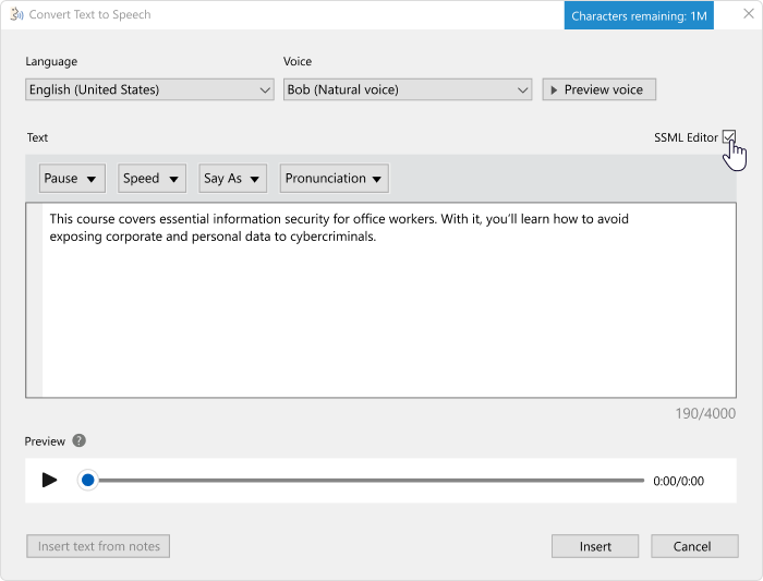 Selecting the language, speaker, and type of voice