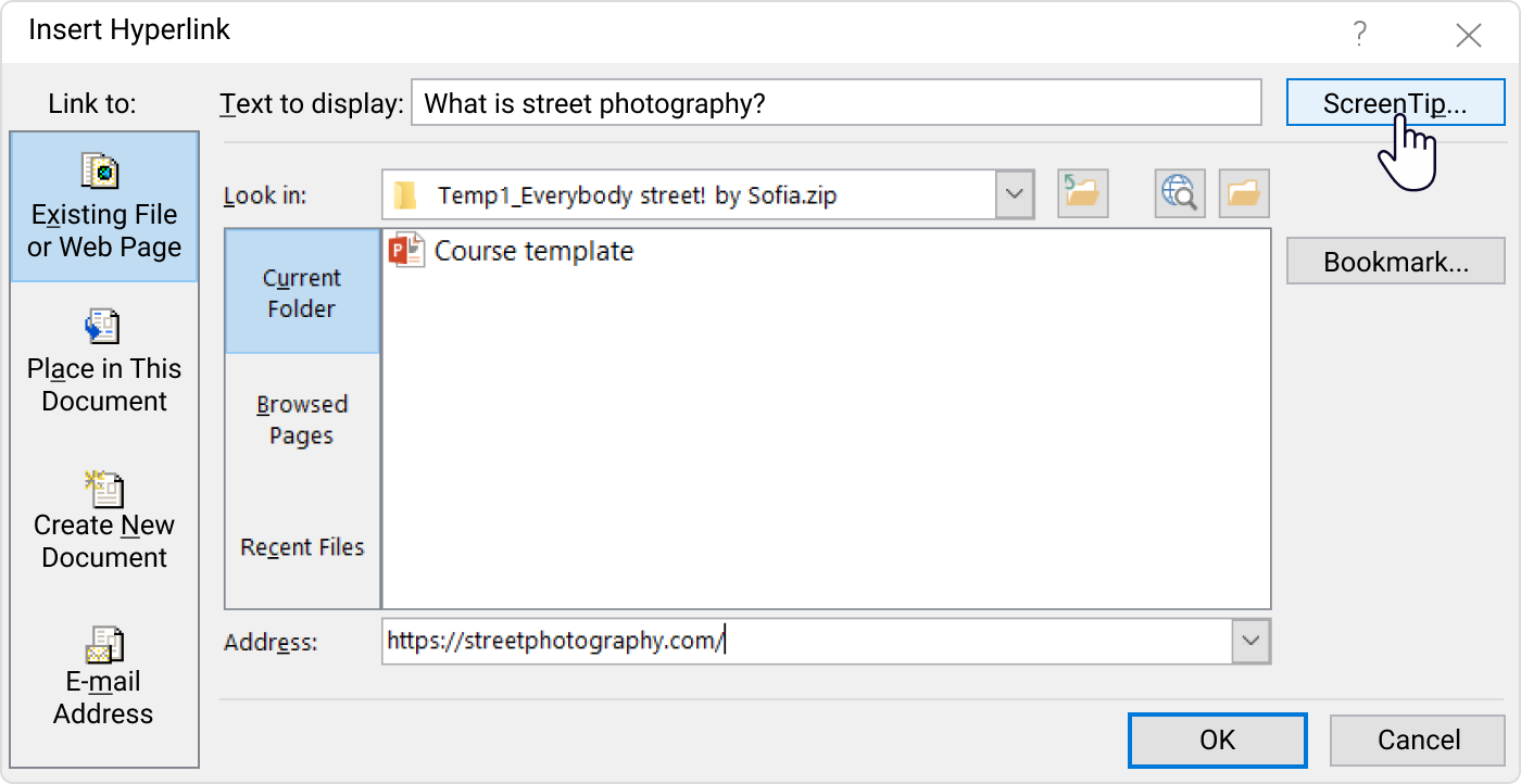 The ScreenTip button in the Edit Hyperlink window