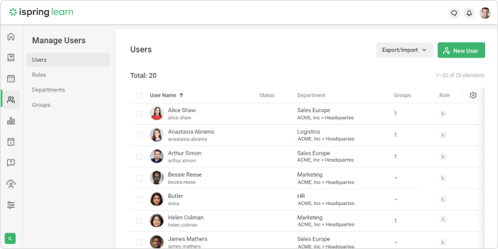 Mirror company structure in iSpring Learn