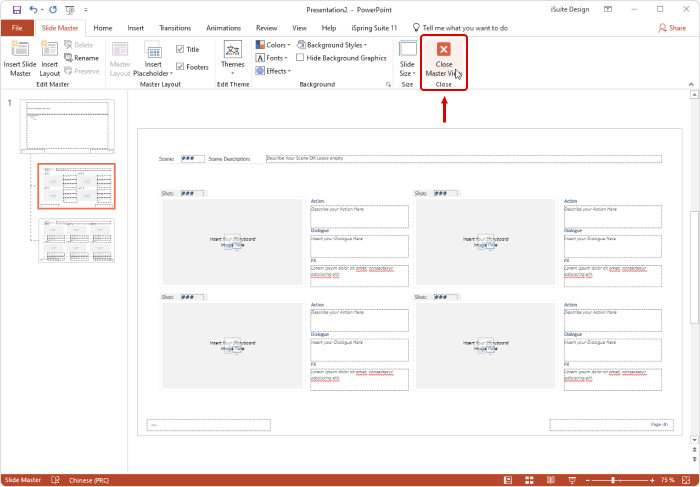 A PowerPoint screenshot that shows how to save the changes in your storyboard template