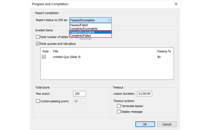 Progress and Completion settings in iSpring Suite