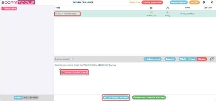 Start SCORM Debugger button in SCORM Tools