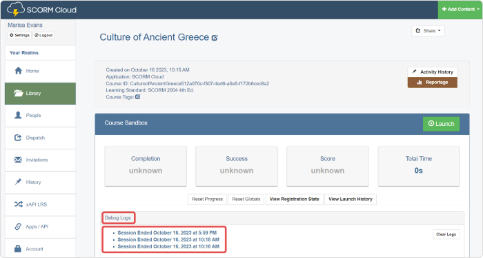 Debug Log button showing SCORM API in SCORM Cloud platform