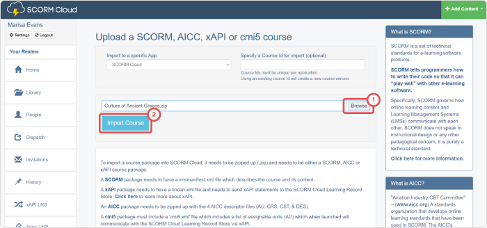 Import Course button in SCORM Cloud