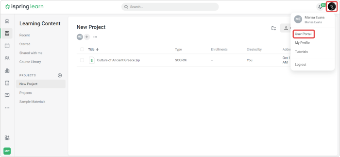 User Portal in iSpring Learn