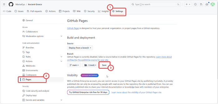 The Settings tab on GitHub