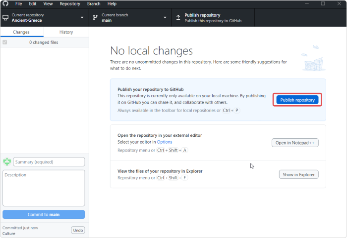 The Publish repository button in GitHub desktop