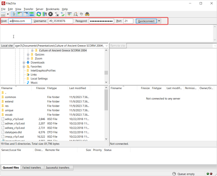 FileZilla interface