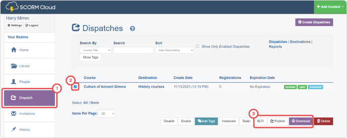 The Dispatch tab on SCORM Cloud