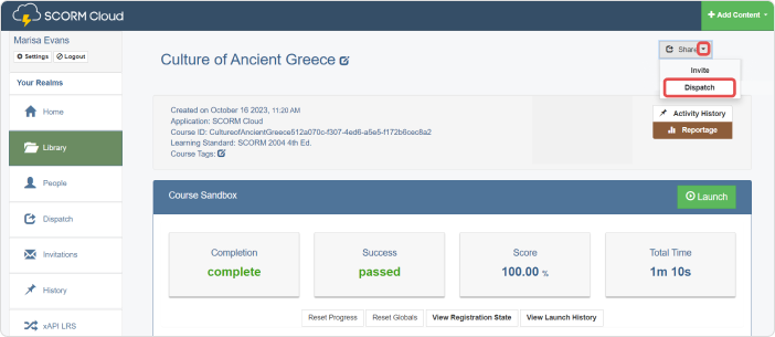 The Dispatch button on SCORM Cloud