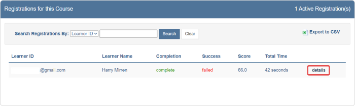 The Registrations for the course field on SCORM Cloud 