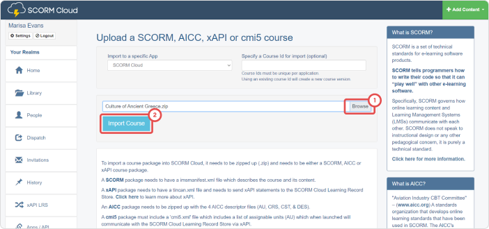 Import a SCORM package from your computer on SCORM Cloud