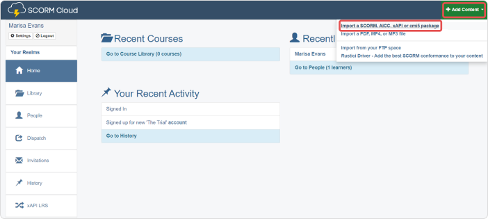 Import a SCORM package on SCORM Cloud