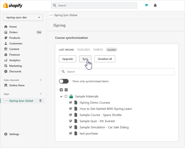 Course synchronization page in the Shopify App Store