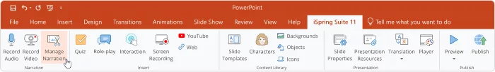 Manage nurration button in iSpring Suite