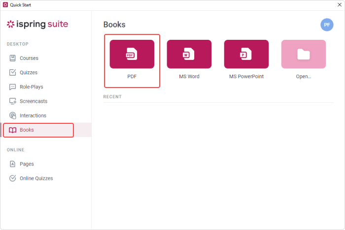 Books tab in iSpring Suite