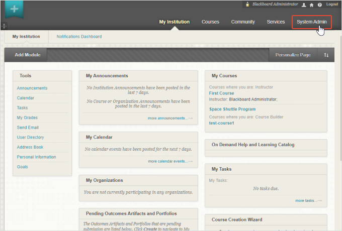 System Admin tab in Blackboard